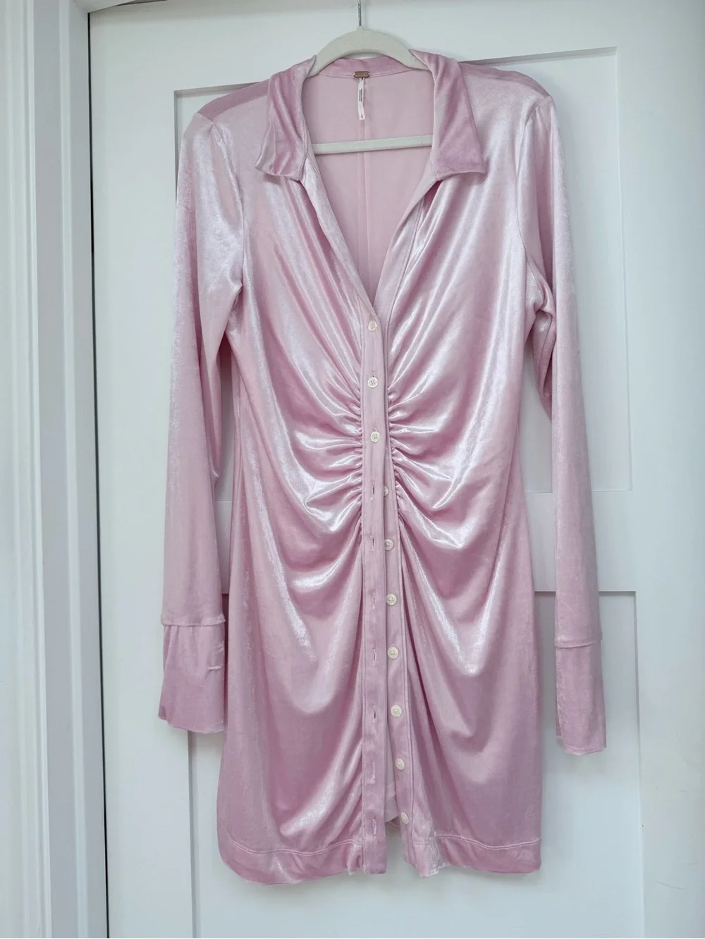 Free People Pink Velvet Ruched Button-Front Mini Dress